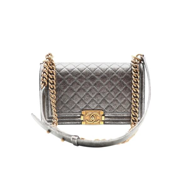 CHANEL Boy Medium Calfskin Metallic Silver With Gold Hardware And Chain Strap - Picture 2 of 7
